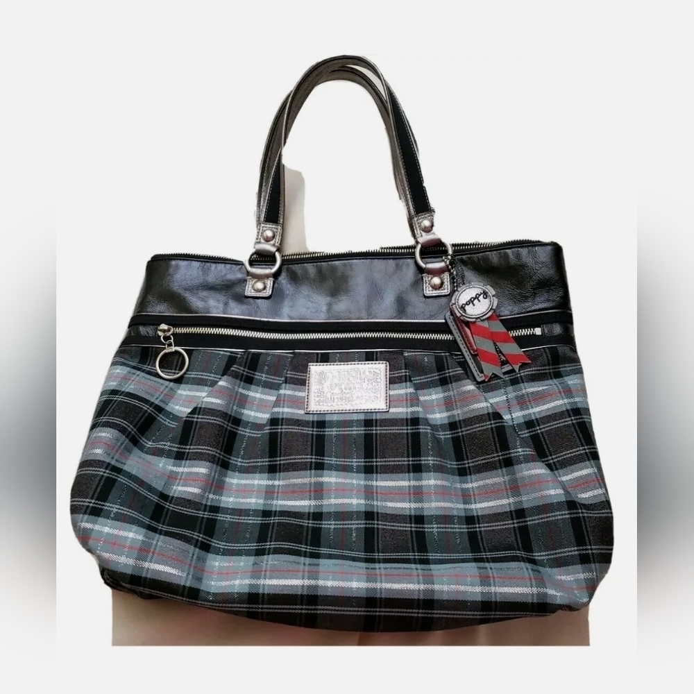 Coach Poppy Limited Edition Tartan Glam Carryall Tote Black Blue Silver 15886